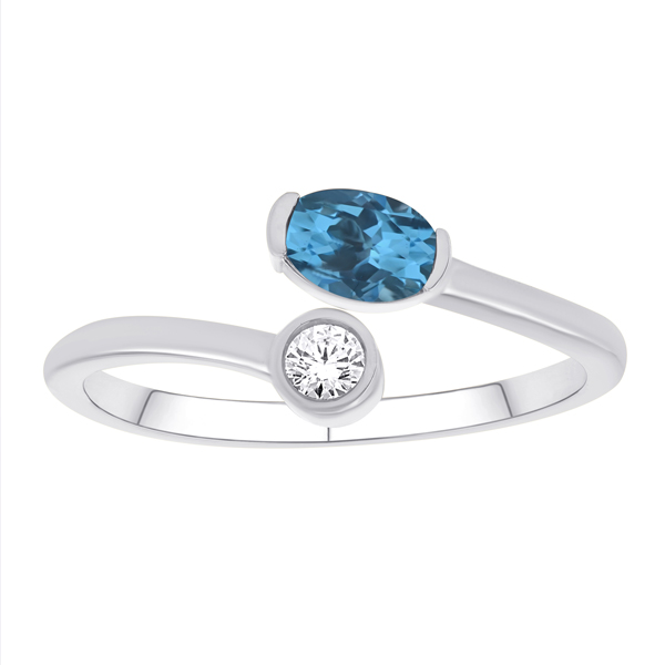 14K White Gold Ring With Blue Topaz And Diamond